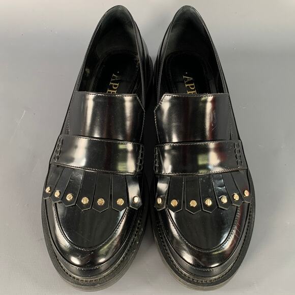 APERLAI Size 7.5 Black Silver Studded Patent Leather Fringed Moccasin Flats - Picture 4 of 14